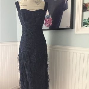Gorgeous navy David Meister gown with feathers